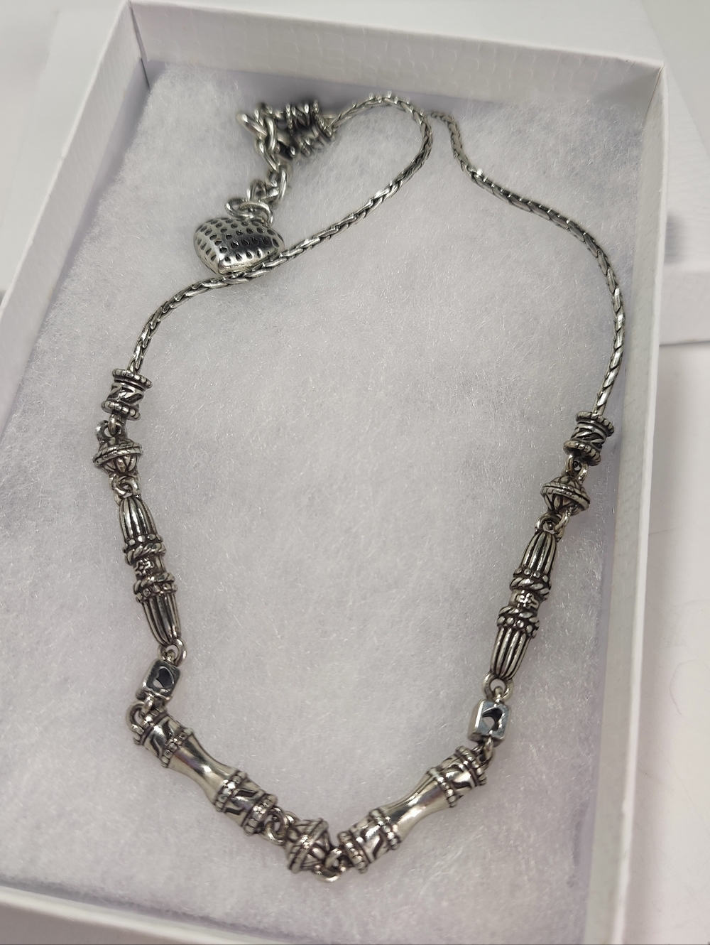 Brighton Style Silver Tone Beaded Barrel Necklace Heart Dangle 15–17” Romantic